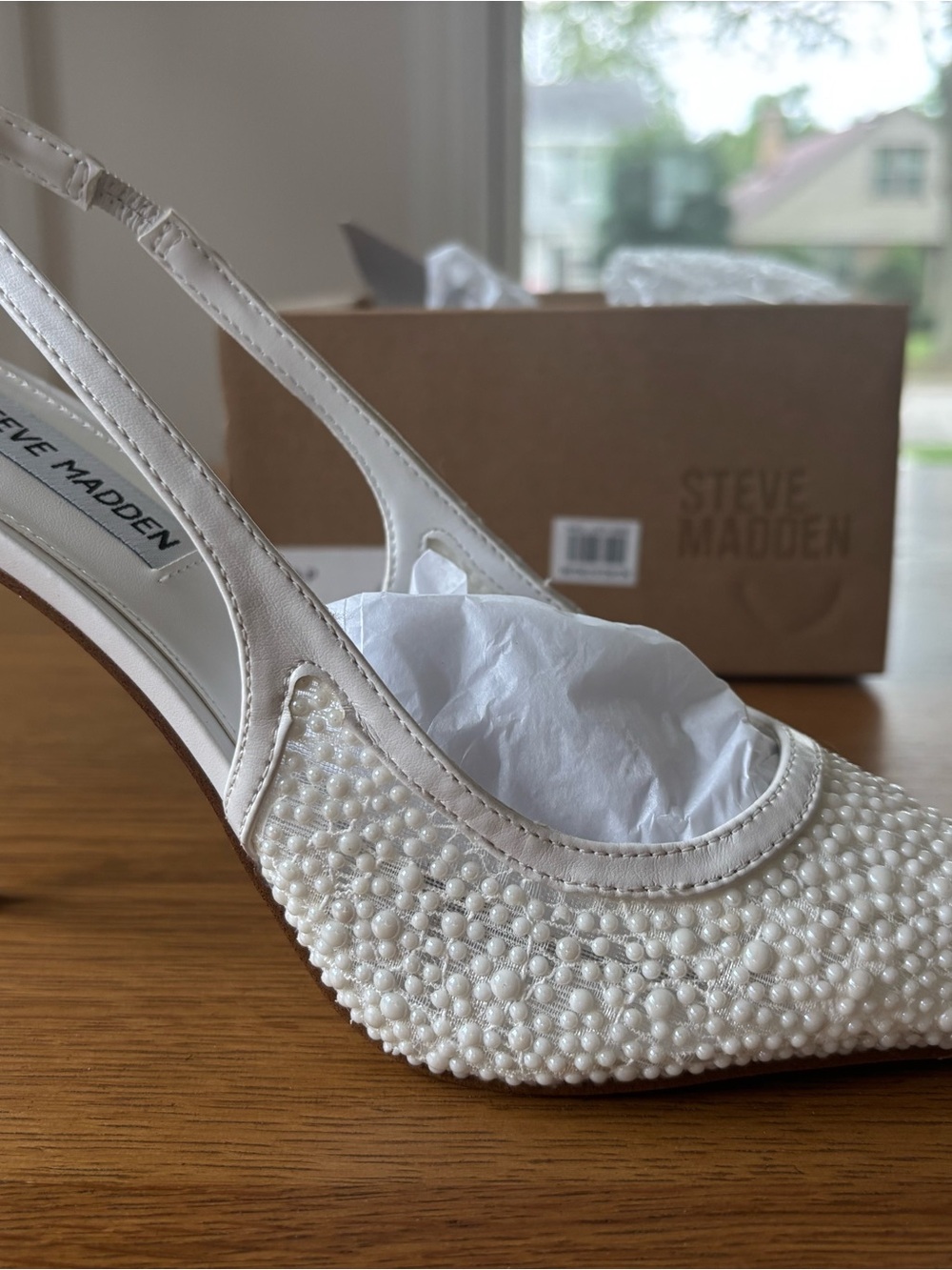 Steve Madden Reyes White Pearl-Embellished Slingback Heels